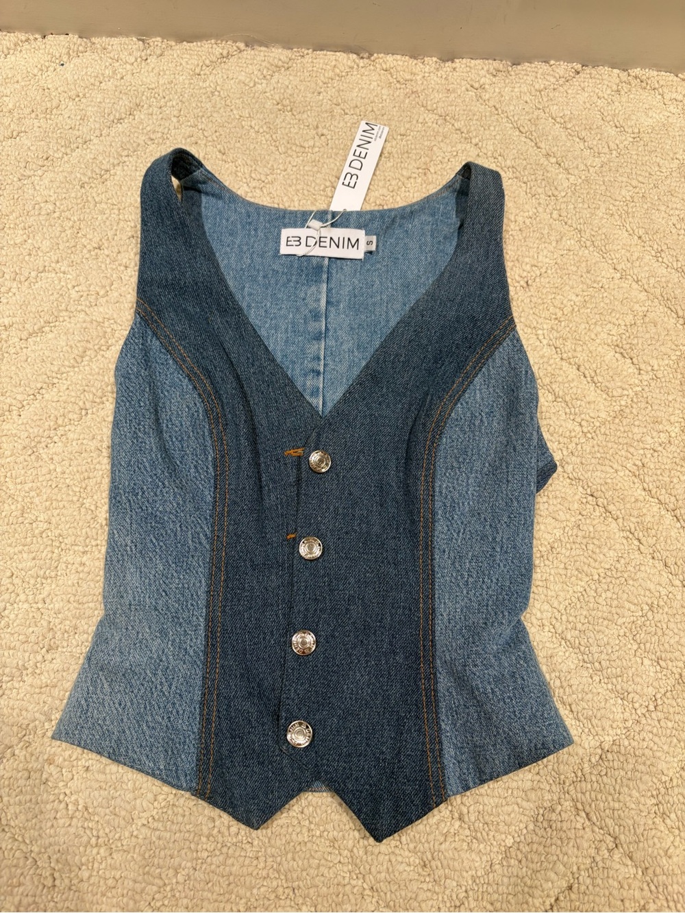EB Denim Ava Vest Dark Wash Two Tone Denim Button Front Size S NWT